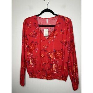 Mudd Red Floral Boho Blouse Shirt Long Sleeve Womens Large NWT